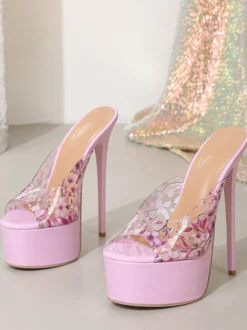 Sandales roses sexy à plateforme pour femmes bout ouvert imprimé floral talons hauts