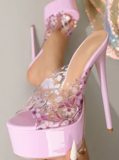 Sandales roses sexy à plateforme pour femmes bout ouvert imprimé floral talons hauts