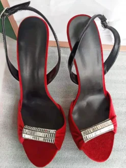 Sandales Rouges En Velours Chaussures De Soirée Talons Hauts À Bout Ouvert Bride