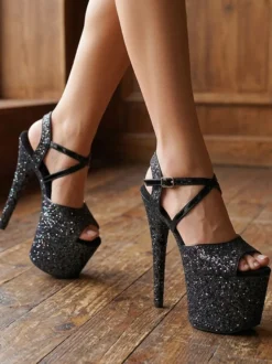 Sandales rouges sexy à paillettes plateforme bout ouvert talons hauts croisés