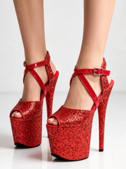 Sandales rouges sexy à paillettes plateforme bout ouvert talons hauts croisés