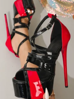 Sandales rouges sexy à plateforme pour femmes bout ouvert et talons hauts ajourés