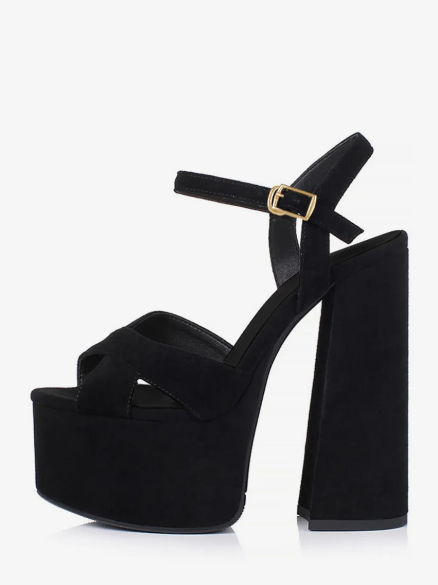 Sandales sexy noires en daim à plateforme et bout ouvert avec boucle et talon épais