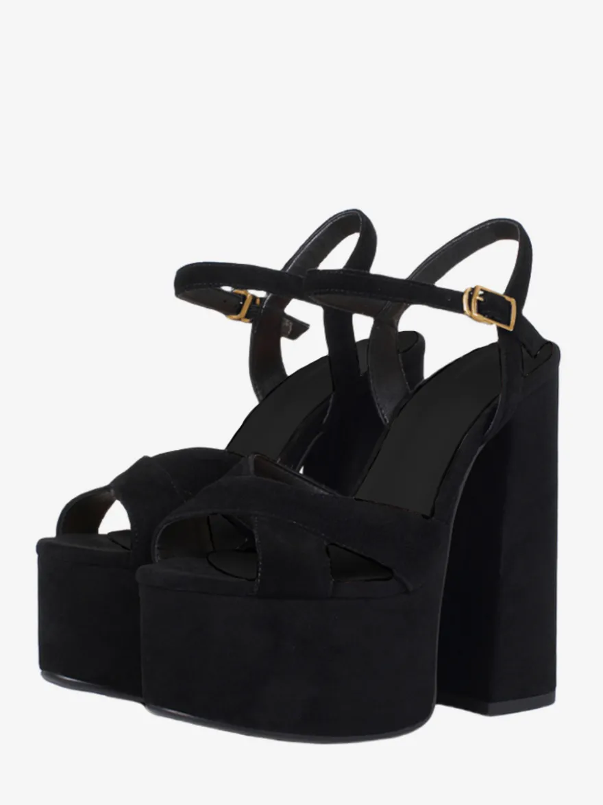 Sandales sexy noires en daim à plateforme et bout ouvert avec boucle et talon épais