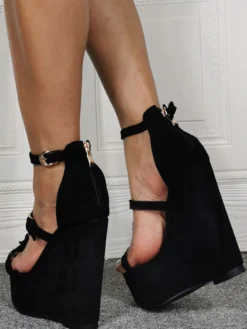 Sandales sexy à talons hauts de grande taille noir Micro daim supérieur bout ouvert talon compensé chaussures sexy chaussures de grande taille