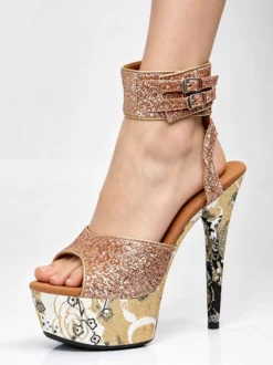 Sandales sexy à talons hauts plateforme pailletée bout ouvert et lacets