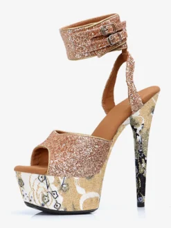 Sandales sexy à talons hauts plateforme pailletée bout ouvert et lacets