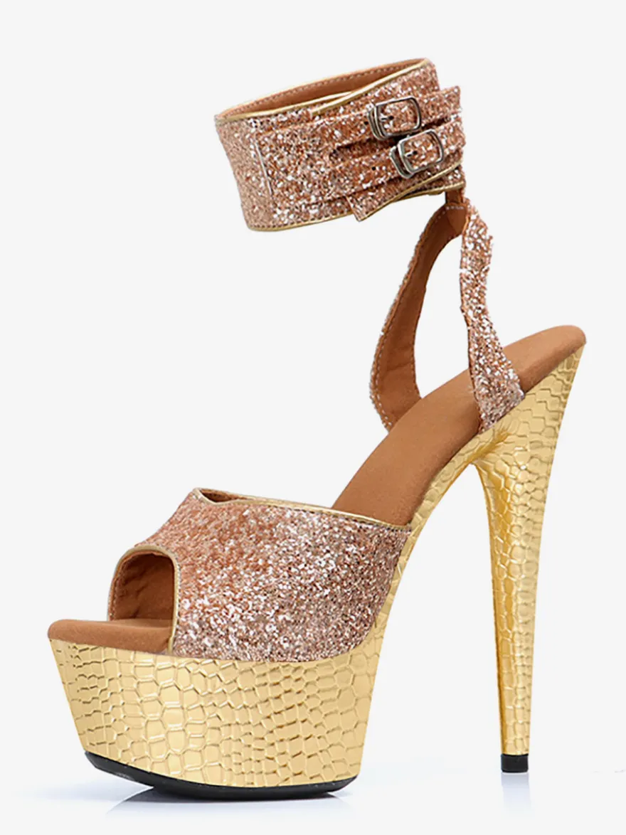Sandales sexy à talons hauts plateforme pailletée bout ouvert et lacets