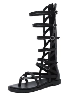 Sandales spartiates noires Boucle à bout rond en cuir PU Bottes d'été noires Sandales spartiates