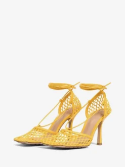 Sandales à talons aiguilles à lacets en maille verte et bout carré