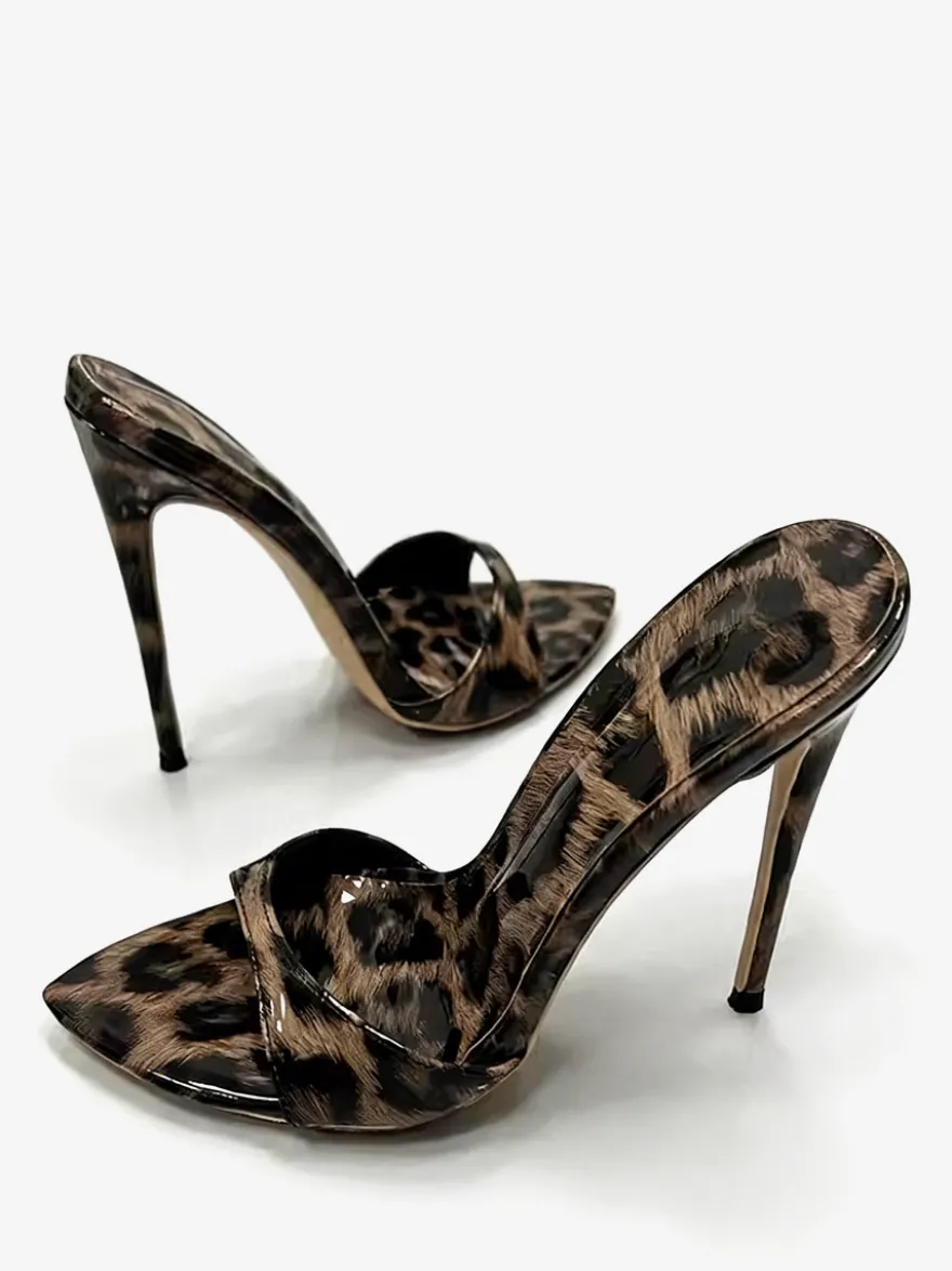 Sandales à talons aiguilles léopard bout ouvert sans talon.