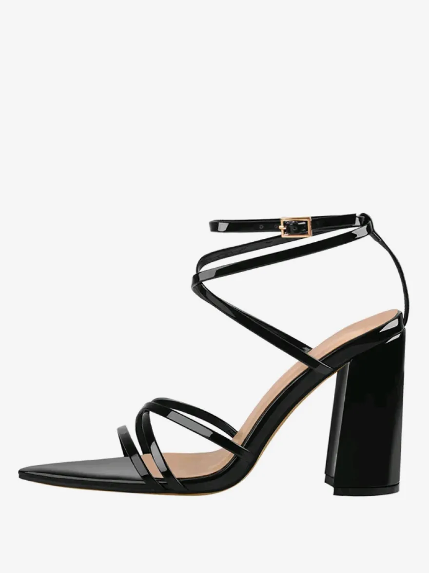 Sandales À Talons Blocs Chaussures Noires À Talons Hauts Brides À Bout Pointu