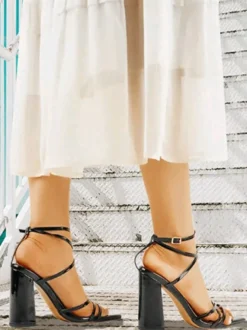 Sandales À Talons Blocs Chaussures Noires À Talons Hauts Brides À Bout Pointu