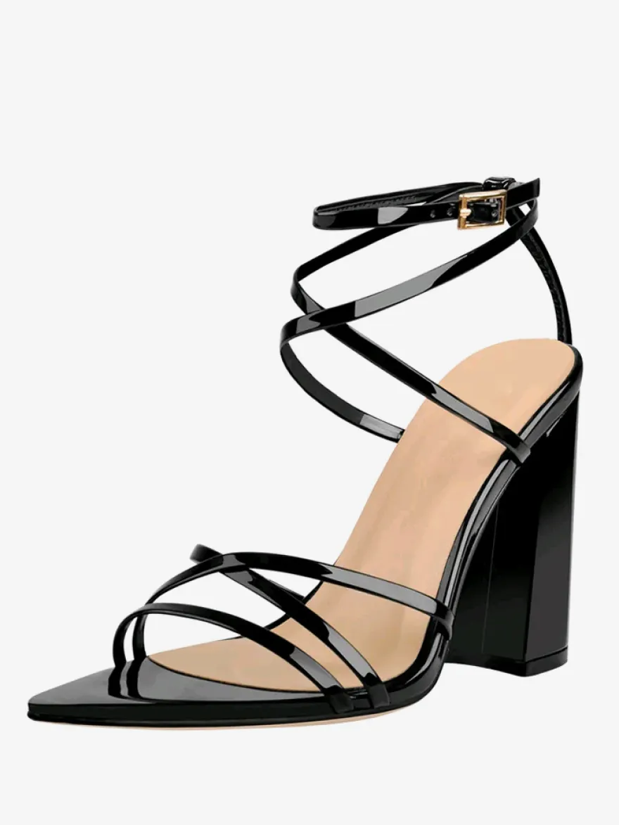 Sandales À Talons Blocs Chaussures Noires À Talons Hauts Brides À Bout Pointu
