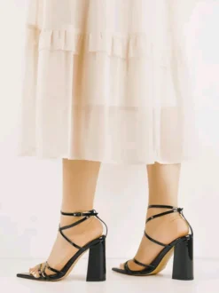 Sandales À Talons Blocs Chaussures Noires À Talons Hauts Brides À Bout Pointu