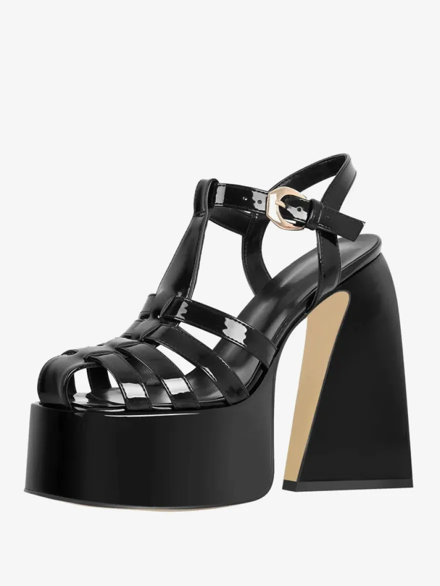 Sandales à talons blocs noires chaussures à talons hauts découpés à plateforme