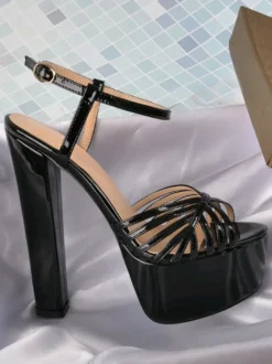 Sandales à talons chaussures femmes bout rond talons épais cuir PU