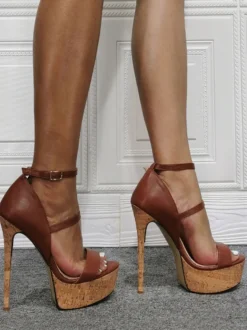 Sandales Talons Hautes Sexy avec Plateforme Femmes à Lacets à Cuir Synthétique Bicolores avec Bout Ouvert avec Boucles Etés Talons Hautes Aiguilles