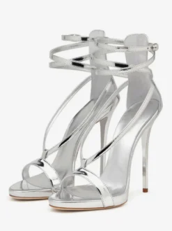 Sandales À Talons Hauts Argentées Chaussures De Soirée Bride Croisée Métallique