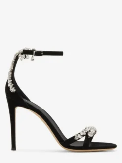 Sandales à talons hauts en daim noir bout ouvert strass talon aiguille chaussures de fête