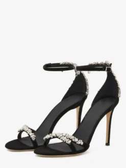 Sandales à talons hauts en daim noir bout ouvert strass talon aiguille chaussures de fête