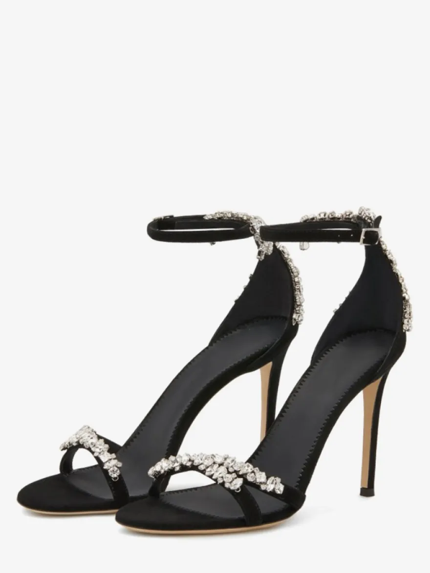 Sandales à talons hauts en daim noir bout ouvert strass talon aiguille chaussures de fête