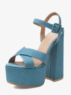 Sandales à talons hauts en denim bleu bout ouvert talon compensé