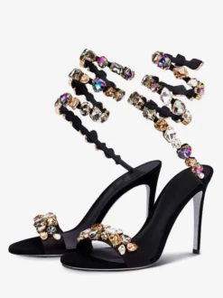 Sandales À Talons Hauts En Satin Noir À Bout Ouvert Strass Chaussures De Bal Femmes Chaussures De Soirée