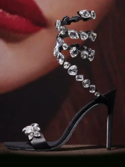 Sandales À Talons Hauts En Satin Noir À Bout Ouvert Strass Chaussures De Bal Femmes Chaussures De Soirée