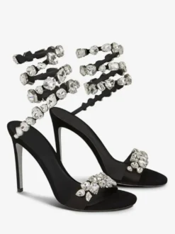 Sandales À Talons Hauts En Satin Noir À Bout Ouvert Strass Chaussures De Bal Femmes Chaussures De Soirée