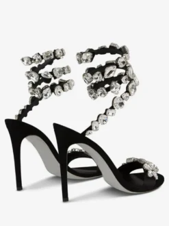 Sandales À Talons Hauts En Satin Noir À Bout Ouvert Strass Chaussures De Bal Femmes Chaussures De Soirée