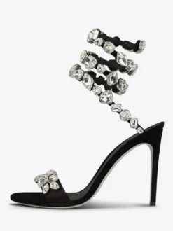 Sandales À Talons Hauts En Satin Noir À Bout Ouvert Strass Chaussures De Bal Femmes Chaussures De Soirée
