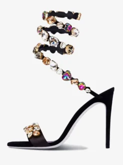 Sandales À Talons Hauts En Satin Noir À Bout Ouvert Strass Chaussures De Bal Femmes Chaussures De Soirée