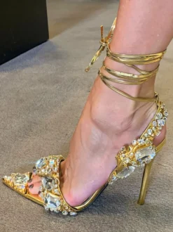 Sandales À Talons Hauts Lacet À Cheville Strass Chaussures De Bal Femmes De Soirée