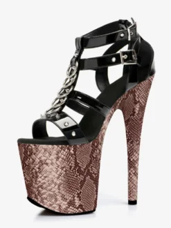 Sandales à talons hauts marron motif serpent plateforme bout ouvert style T sexy