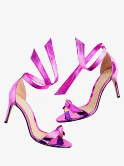 Sandales à talons hauts métallisées à bout ouvert et nœud pour femmes idéales pour les bals de fin d'année.
