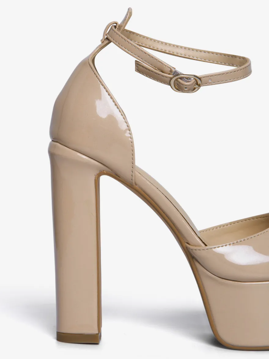 Sandales à talons hauts nude à plateforme et bout ouvert avec bride à la cheville pour soirées et bals de fin d'année