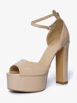Sandales à talons hauts nude à plateforme et bout ouvert avec bride à la cheville pour soirées et bals de fin d'année