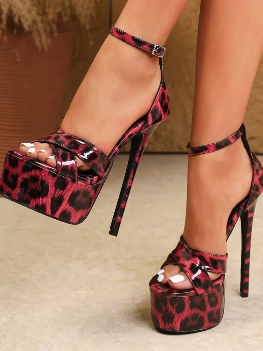 Sandales à talons hauts pour femmes plateforme imprimé léopard bride cheville sexy