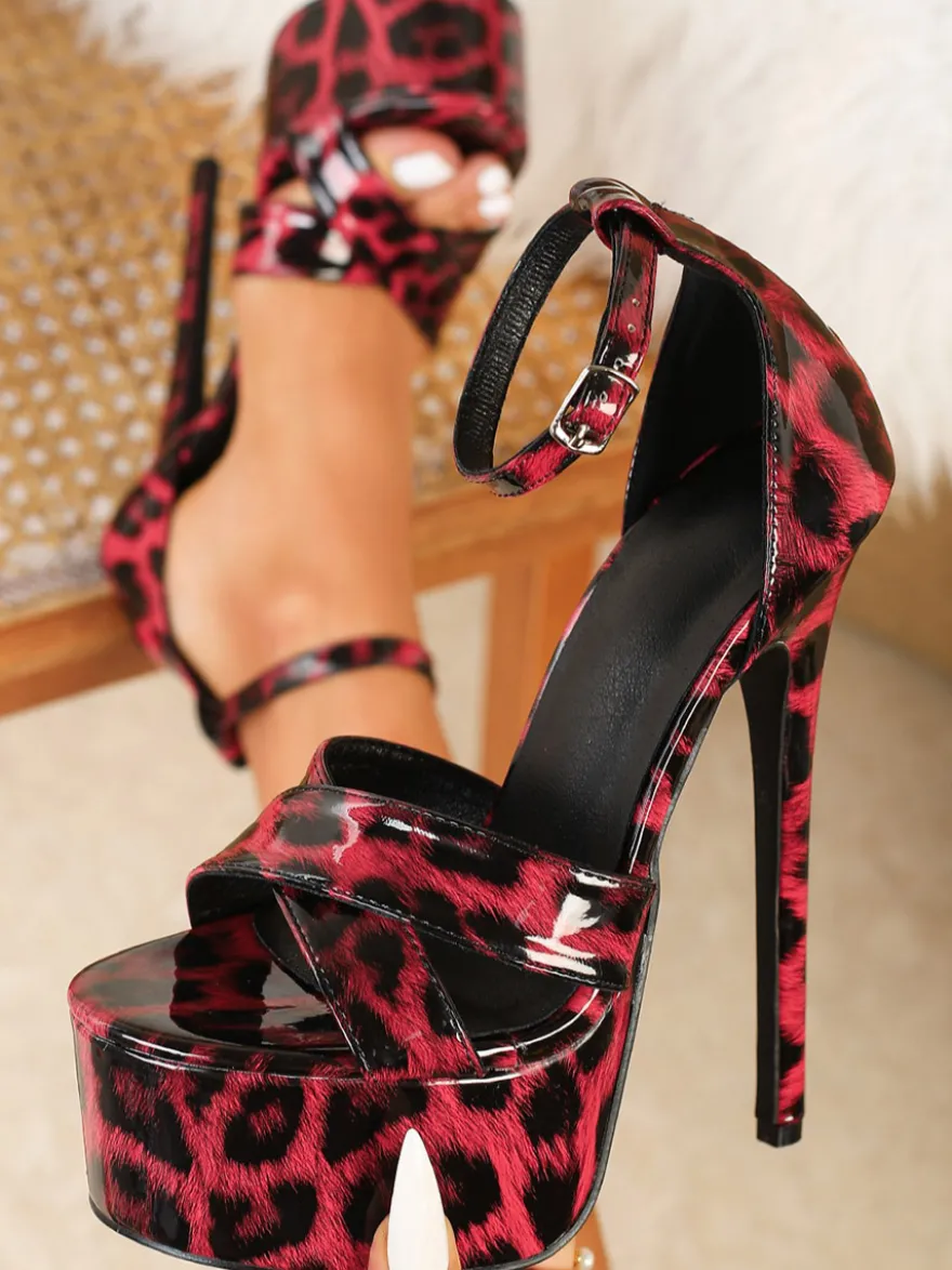 Sandales à talons hauts pour femmes plateforme imprimé léopard bride cheville sexy