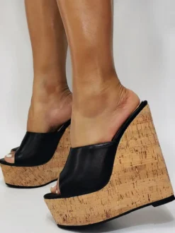 Sandales à talons hauts sexy de grande taille en cuir synthétique polyuréthane noir talon compensé chaussures sexy chaussures de grande taille