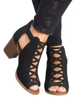 Sandales à talons noirs pour femmes talon aiguille bout ouvert en cuir PU sandales à lanières décontractées