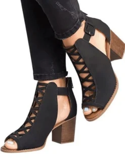 Sandales à talons noirs pour femmes talon aiguille bout ouvert en cuir PU sandales à lanières décontractées