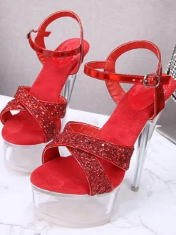 Sandales à talons pour femmes bride à la cheville et talon transparent sandales à talons rouges en tissu à paillettes sexy