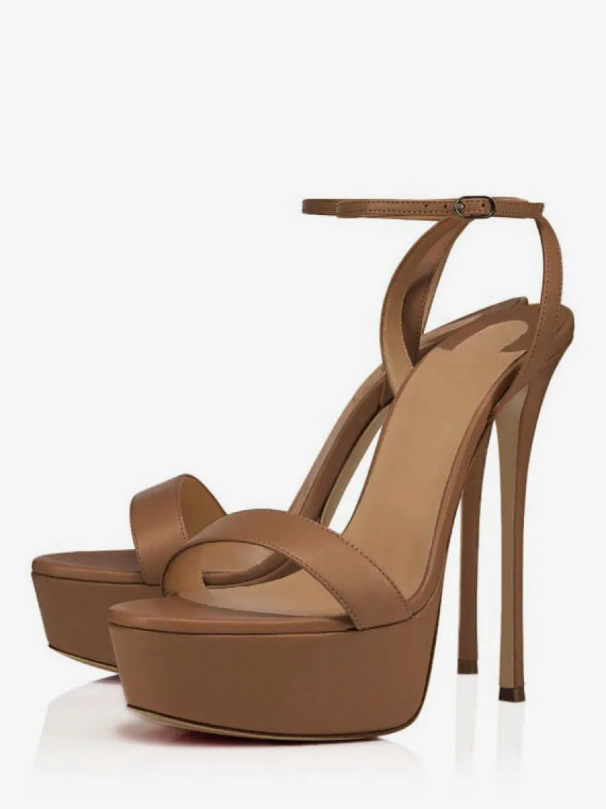 Sandales À Talons Pour Femmes Nude Cuir Véritable Plateforme Talon Aiguille Bride À La Cheville Sandales Habillées