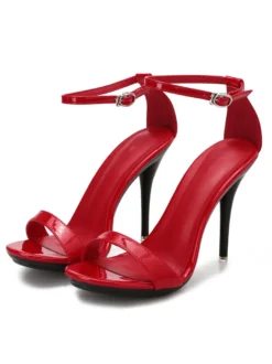 Sandales à talons pour femmes talon aiguille rouge bout ouvert en cuir PU sandales d'été décontractées