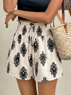 Short en jean à imprimé damassé pour femme taille haute à volants et cordon de serrage style décontracté