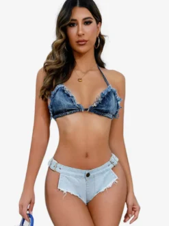 Short en jean taille basse à franges ourlet brut et boucle ajustable