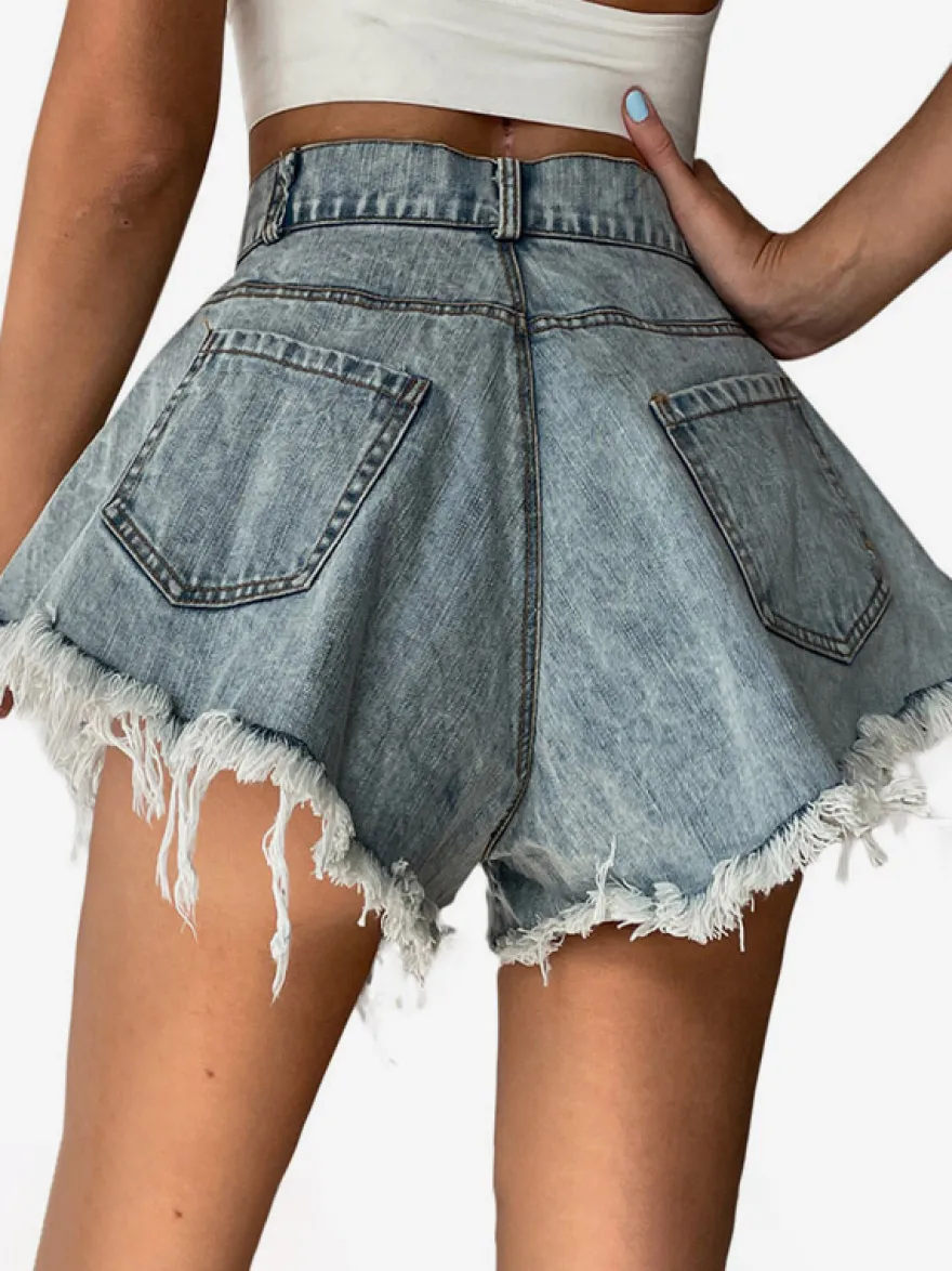 Short en jean taille haute à franges brutes jambes larges coupe trapèze.