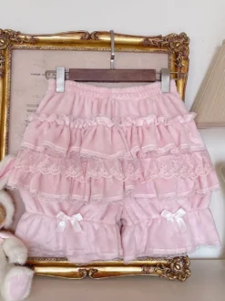 Short Lolita ample en dentelle à volants et pantalon Sweet Lolita rose